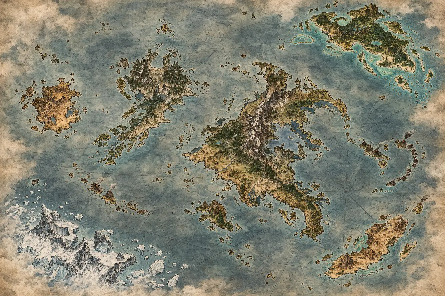 Mapa antigo das ilhas, sem nomes, com a ilha polar no sudoeste e a tropical no nordeste